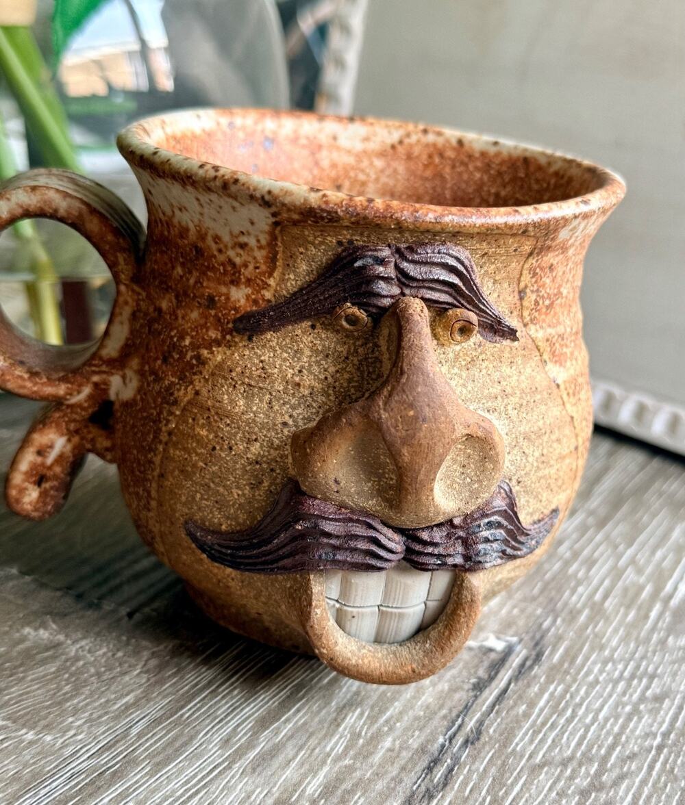 Vtg Signed Ugly Face Mug 3D Mustache Man Stoneware Pottery Folk Art Appalachia